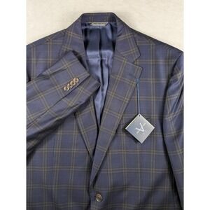 NWT $600 Jack Victor Elite Mens 44R Blue Plaid 100% Wool Slim Fit Blazer Coat